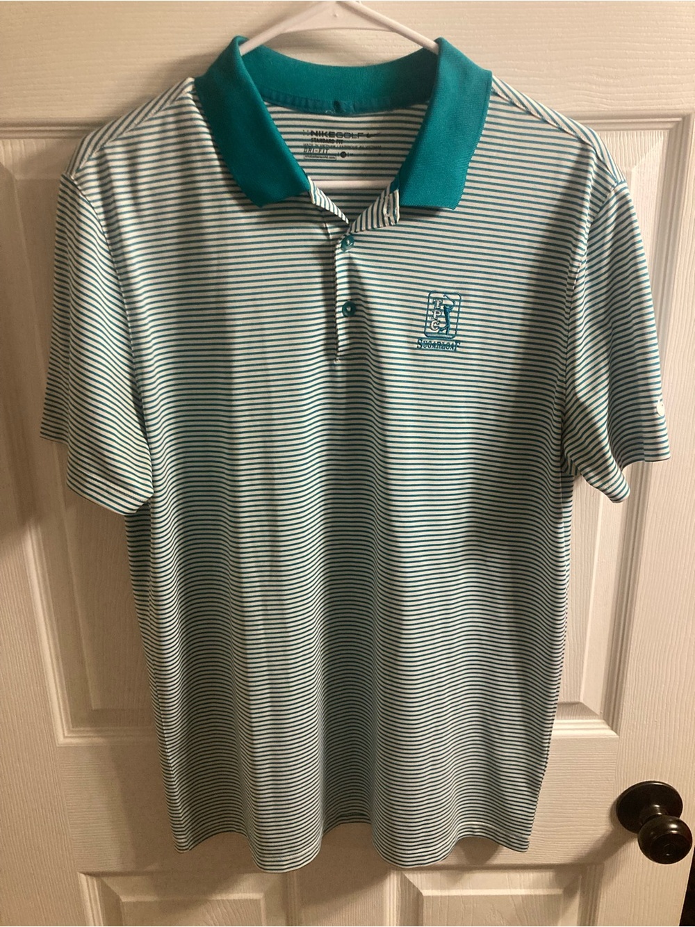 Nike TPC Sugarloaf Teal and White Striped Polo with Solid Teal Collar